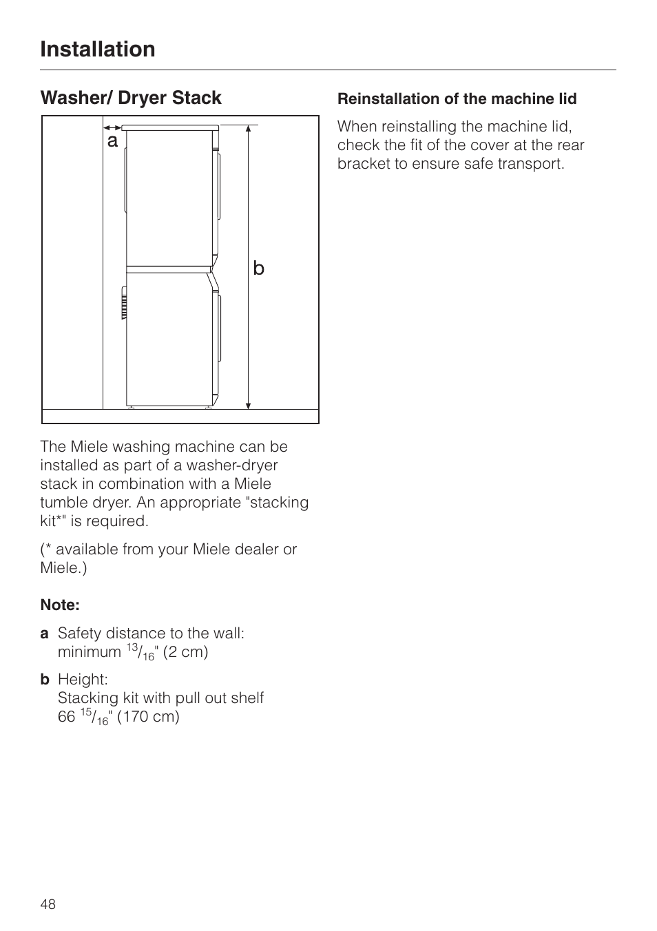 Washer/ dryer stack 48, Installation, Washer/ dryer stack | LG Washer W1119 User Manual | Page 52 / 60