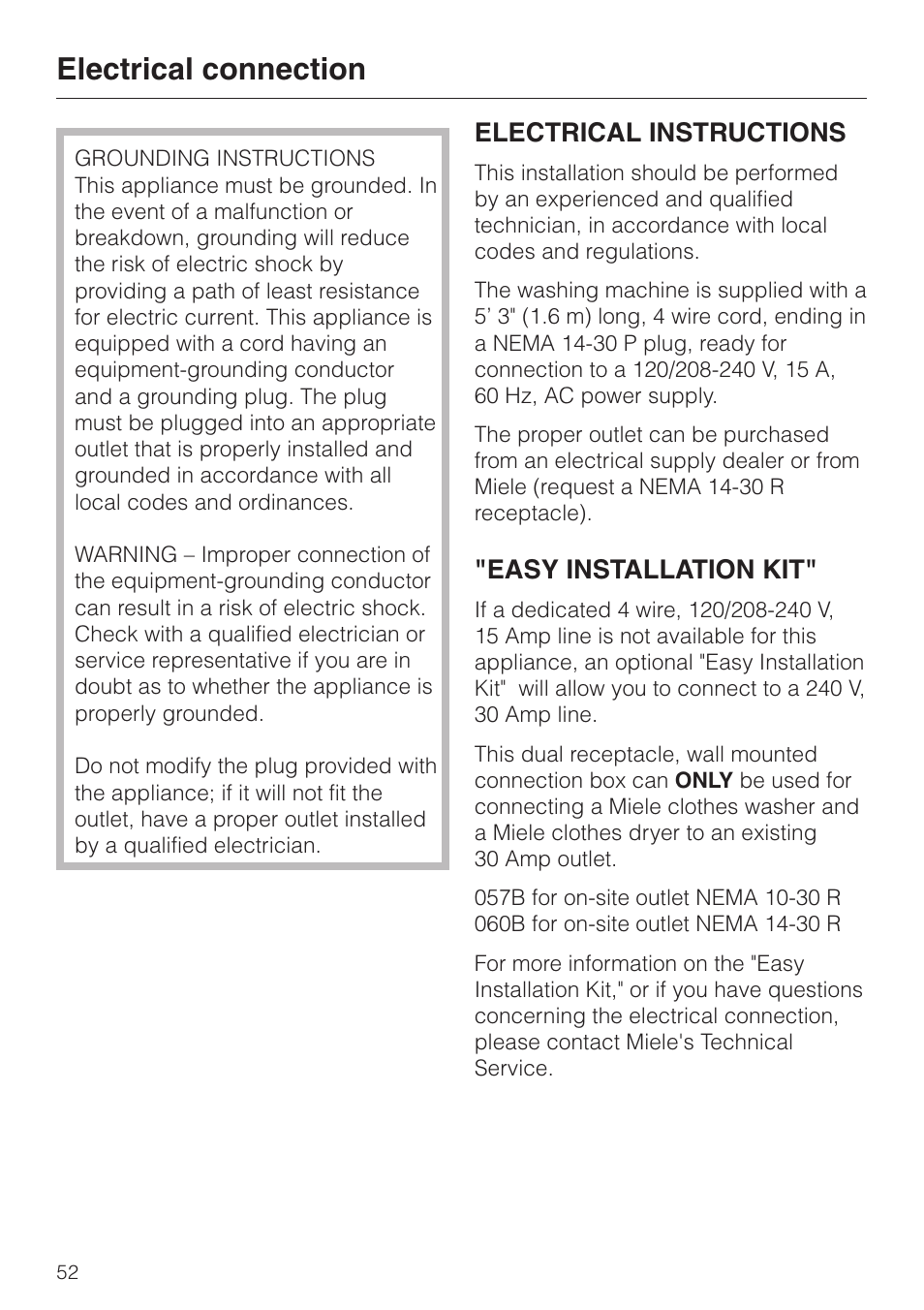 Electrical connection 52, Electrical connection, Electrical instructions | Easy installation kit | LG Washer W1119 User Manual | Page 56 / 60