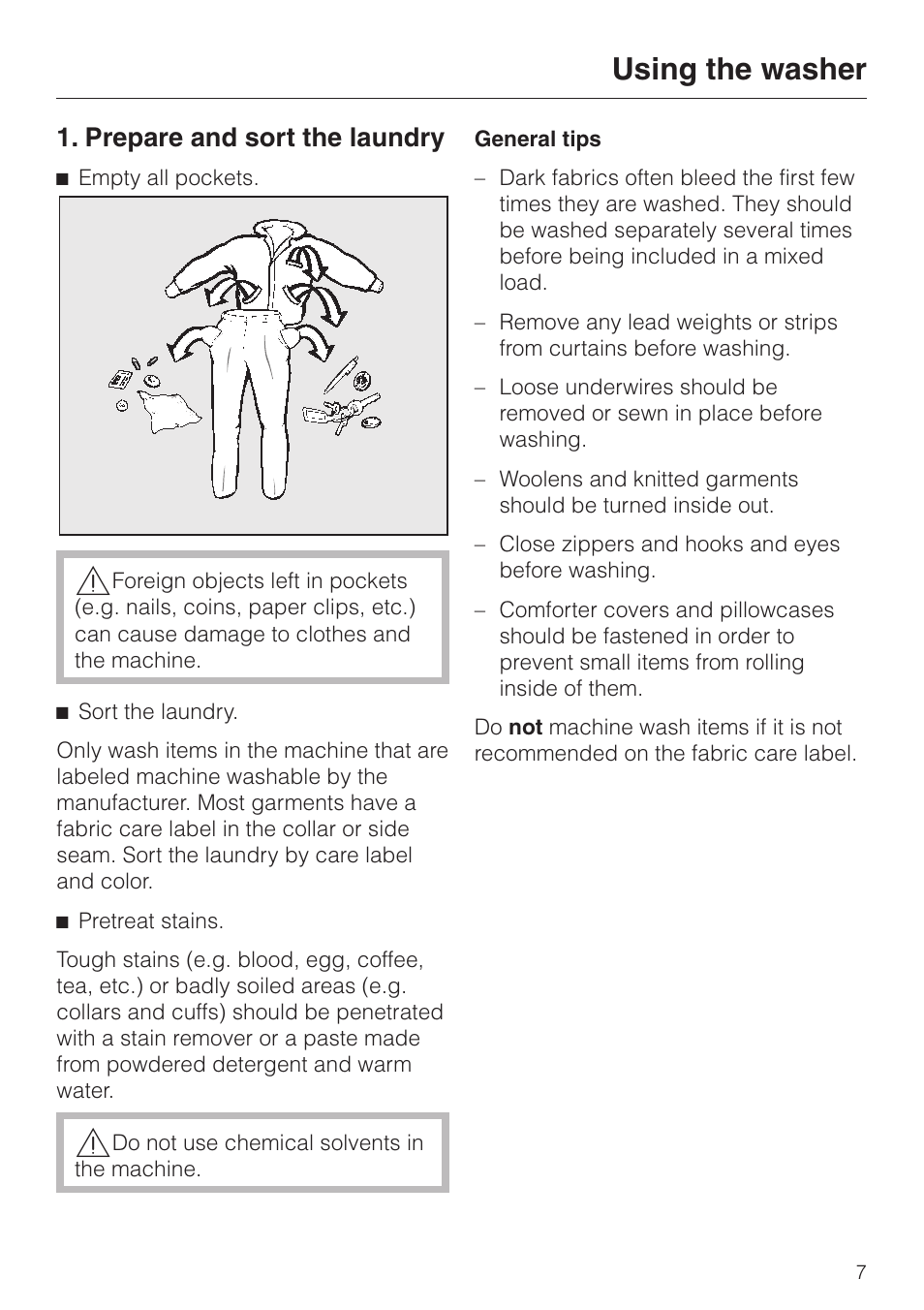 Using the washer 7, Prepare and sort the laundry 7, Using the washer | Prepare and sort the laundry | LG Washer W1119 User Manual | Page 7 / 60