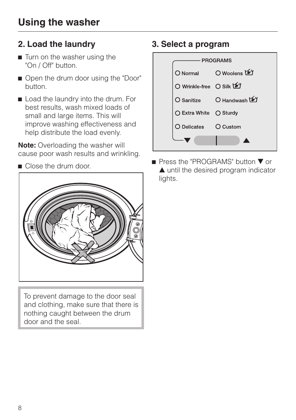 Load the laundry 8, Select a program 8, Using the washer | Load the laundry, Select a program | LG Washer W1119 User Manual | Page 8 / 60