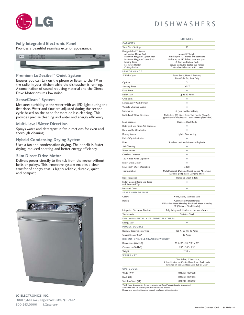 Fully integrated electronic panel, Premium lodecibel, Quiet system | Senseclean, System, Multi-level water direction, Hybrid condensing drying system, Slim direct drive motor, Provides a beautiful seamless exterior appearance | LG LDF6810 User Manual | Page 2 / 2