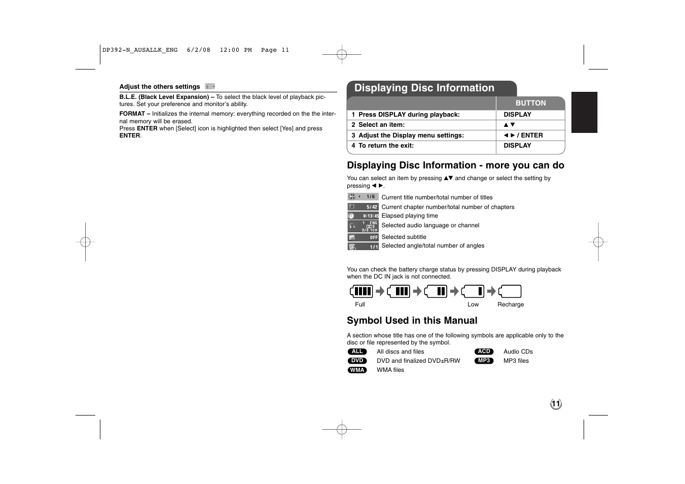 Displaying disc information, Displaying disc information - more you can do, Symbol used in this manual | LG DP889 User Manual | Page 11 / 19