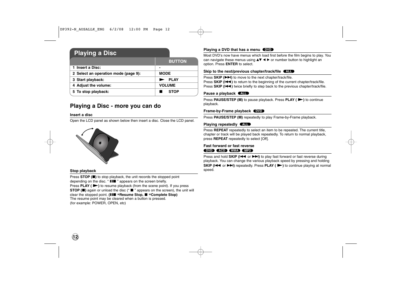 Playing a disc, Playing a disc - more you can do | LG DP889 User Manual | Page 12 / 19