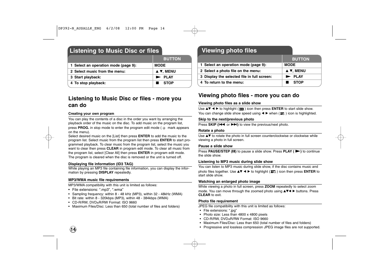 Listening to music disc or files, Viewing photo files, Listening to music disc or files - more you can do | Viewing photo files - more you can do | LG DP889 User Manual | Page 14 / 19