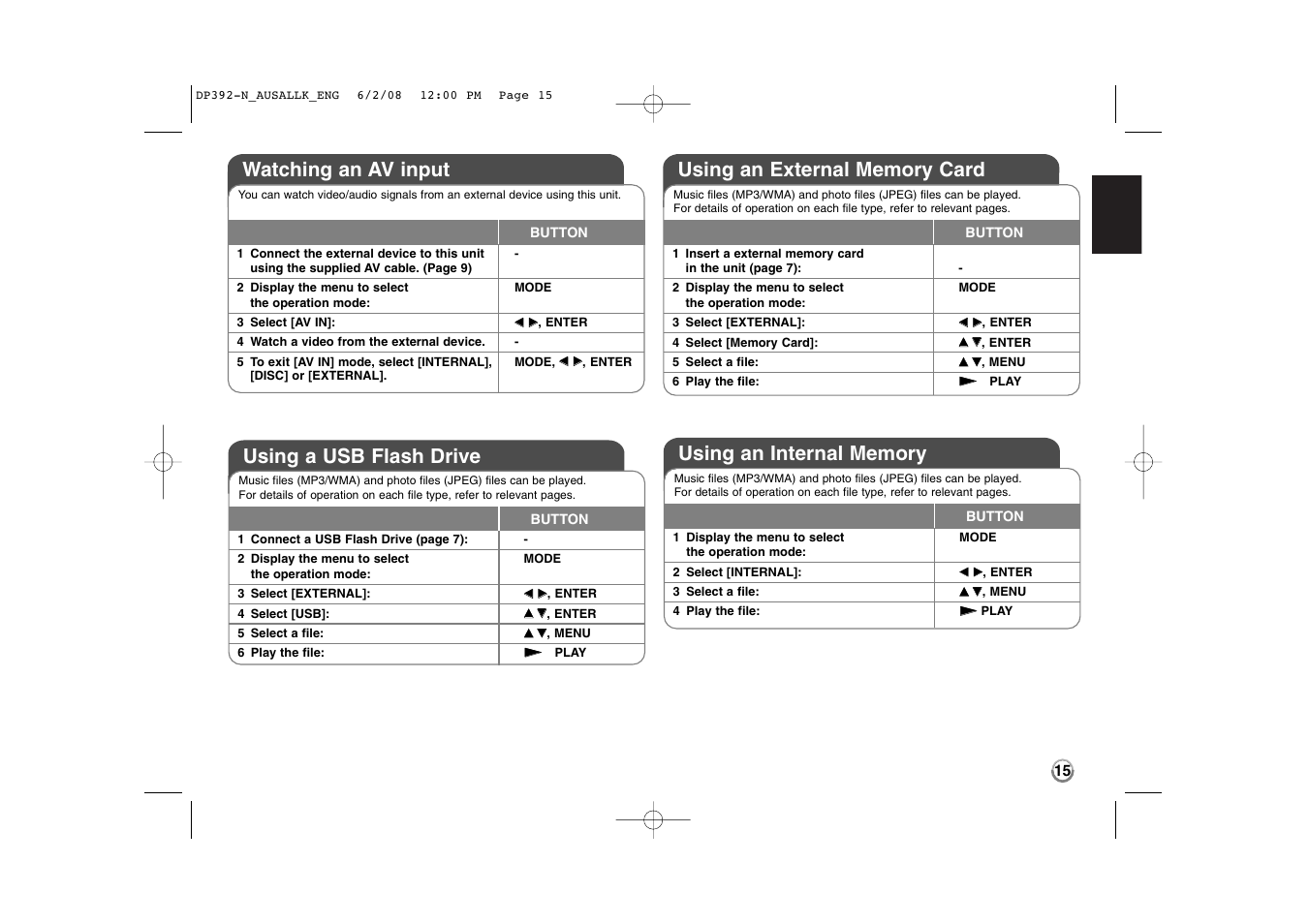 Using a usb flash drive, Watching an av input | LG DP889 User Manual | Page 15 / 19