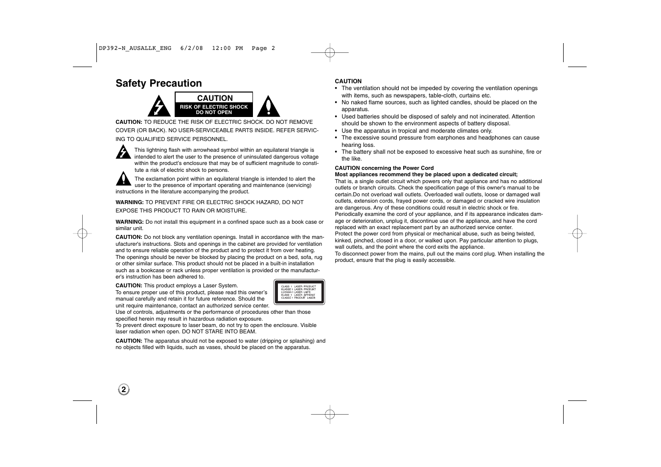 Safety precaution | LG DP889 User Manual | Page 2 / 19