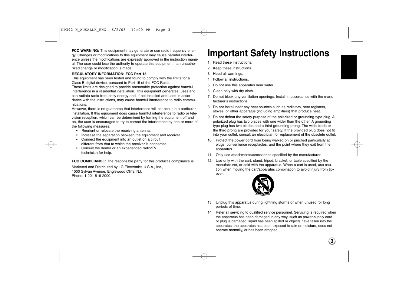 Important safety instructions | LG DP889 User Manual | Page 3 / 19