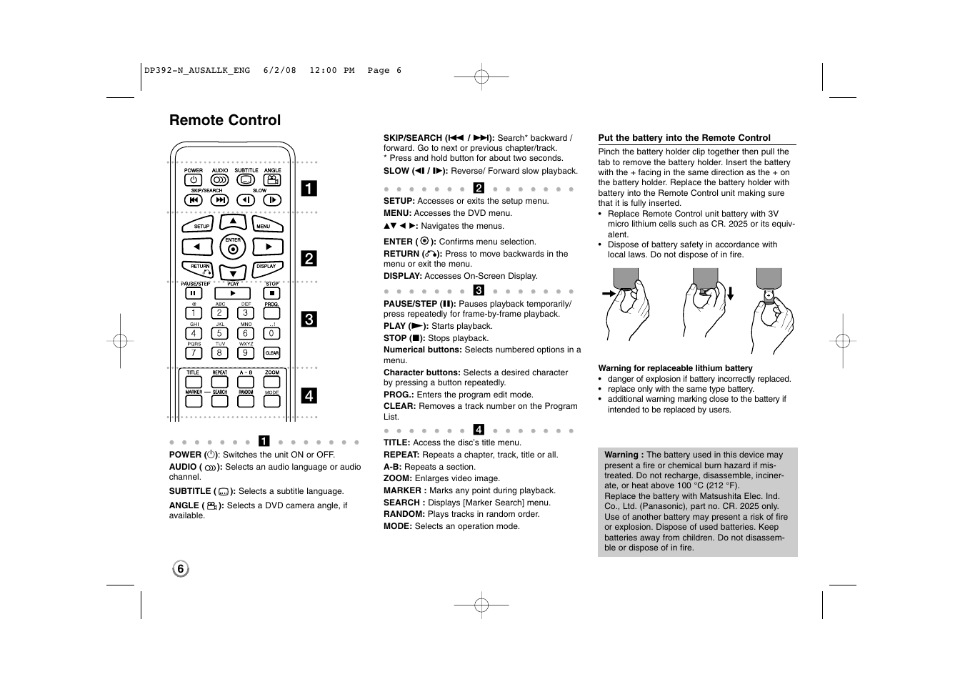 Ab c d remote control | LG DP889 User Manual | Page 6 / 19