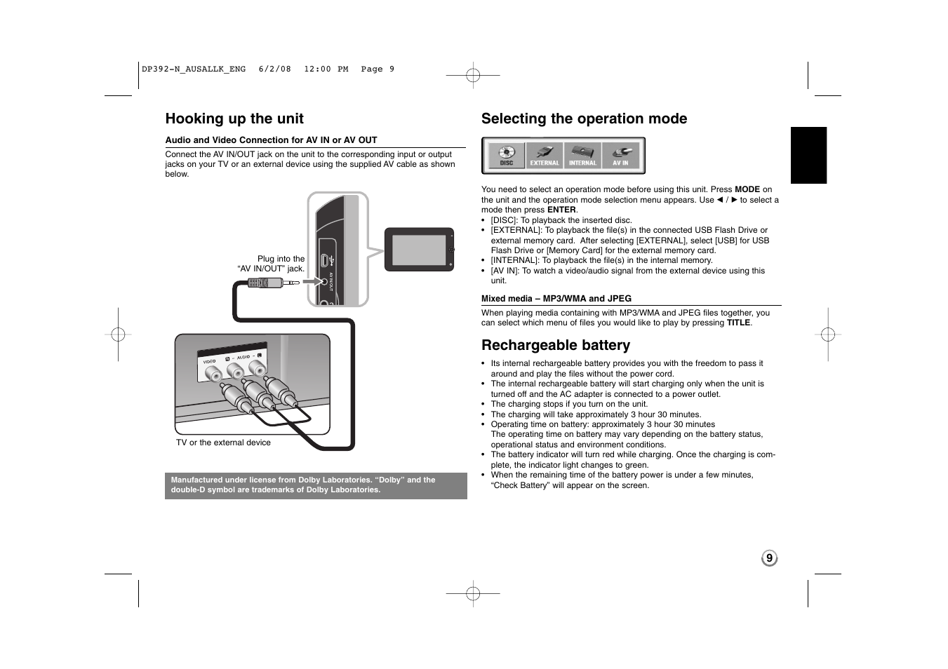 Hooking up the unit, Selecting the operation mode, Rechargeable battery | LG DP889 User Manual | Page 9 / 19