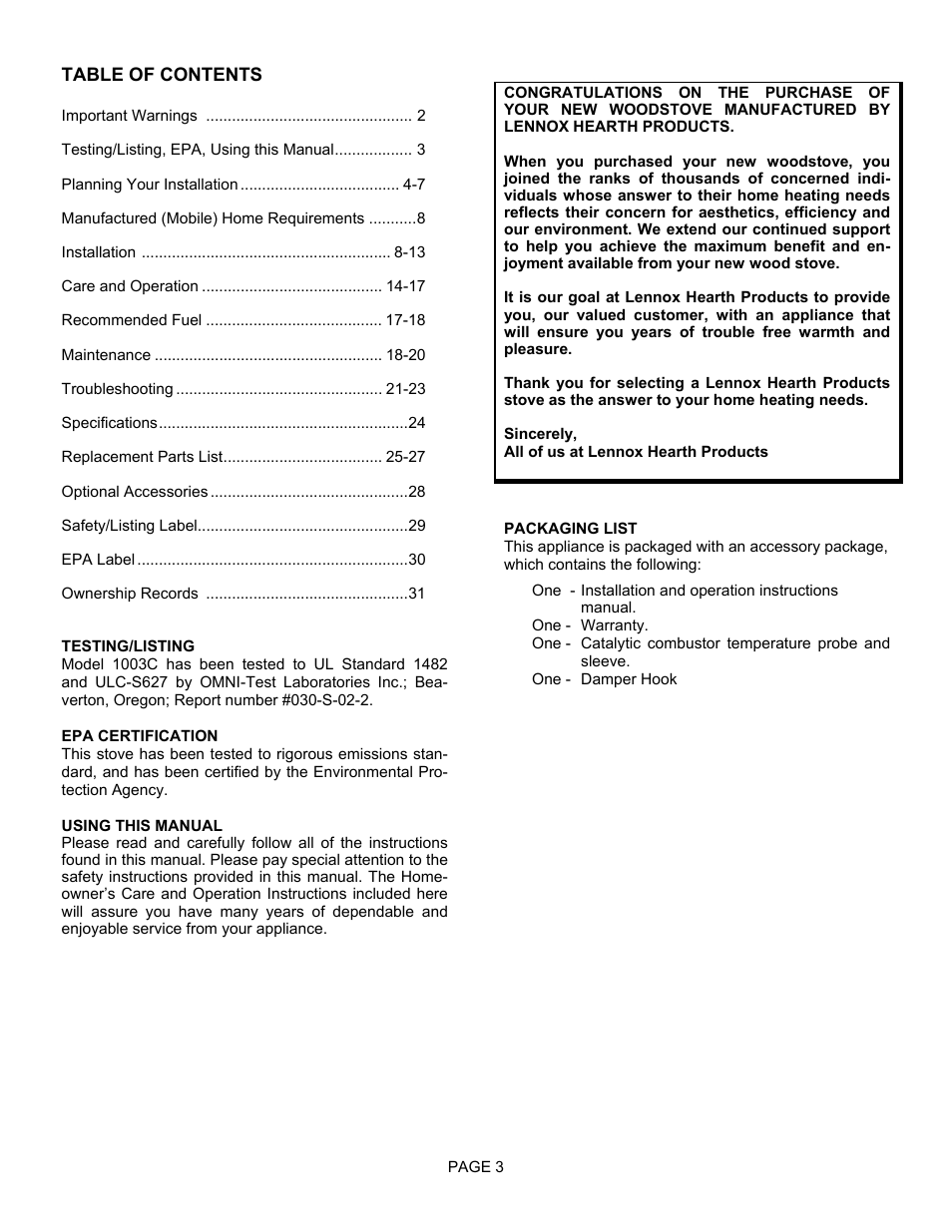 Lennox International Inc. 1003C User Manual | Page 3 / 32