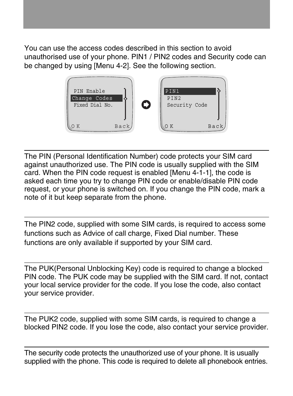 Access codes, Pin1 code (4 to 8 digits), Pin2 code (4 to 8 digits) | Puk1 code (4 to 8 digits), Puk2 code (4 to 8 digits), Security code (4 to 8 digits) | LG 600 User Manual | Page 22 / 86