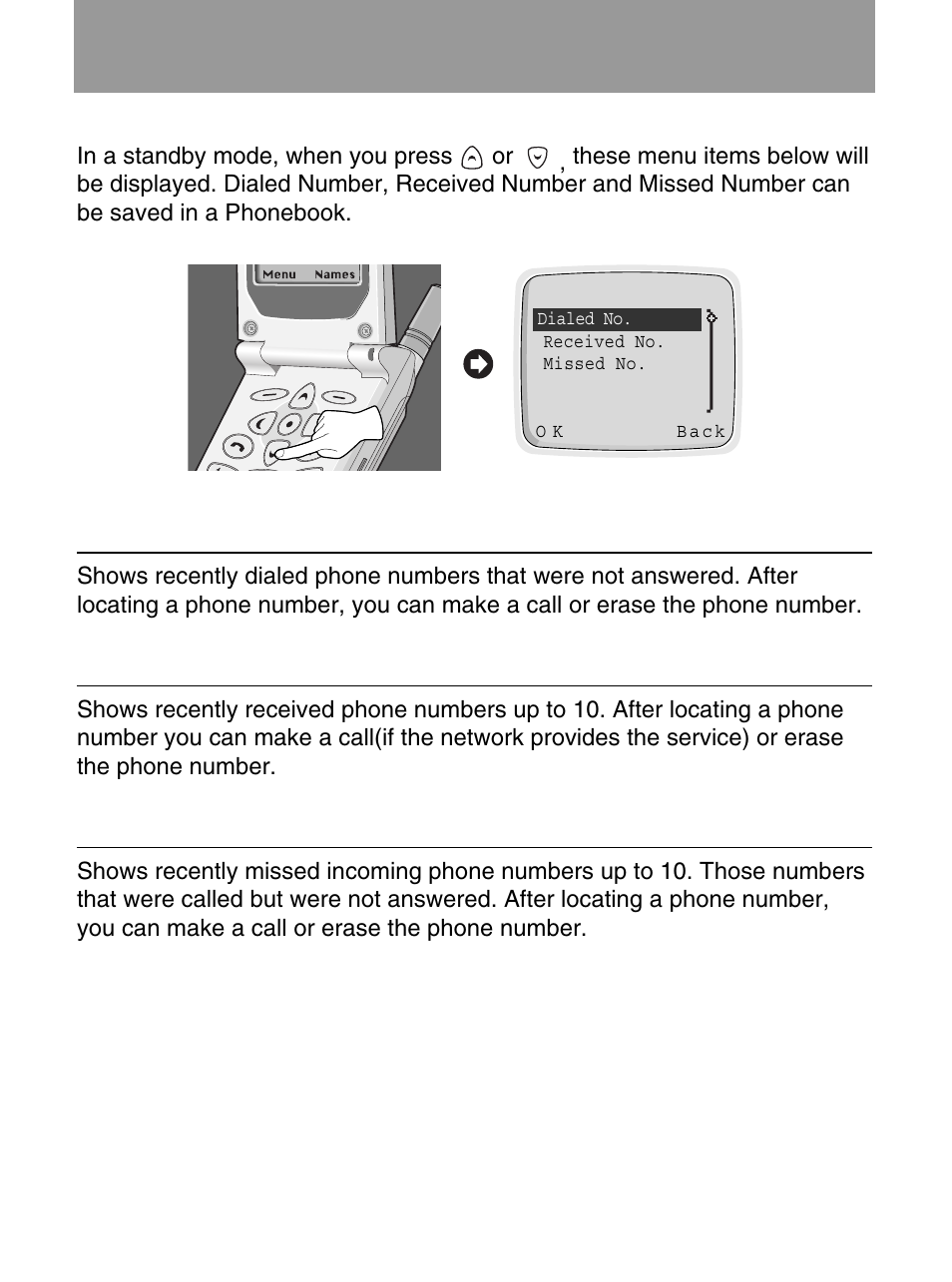 Recent numbers, Dialed number, Received number | Missed number | LG 600 User Manual | Page 29 / 86