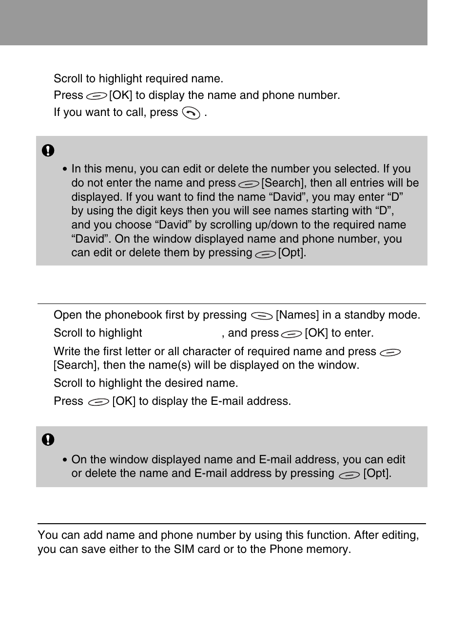 Search e-mail [names 2, Add entry [names 3 | LG 600 User Manual | Page 31 / 86
