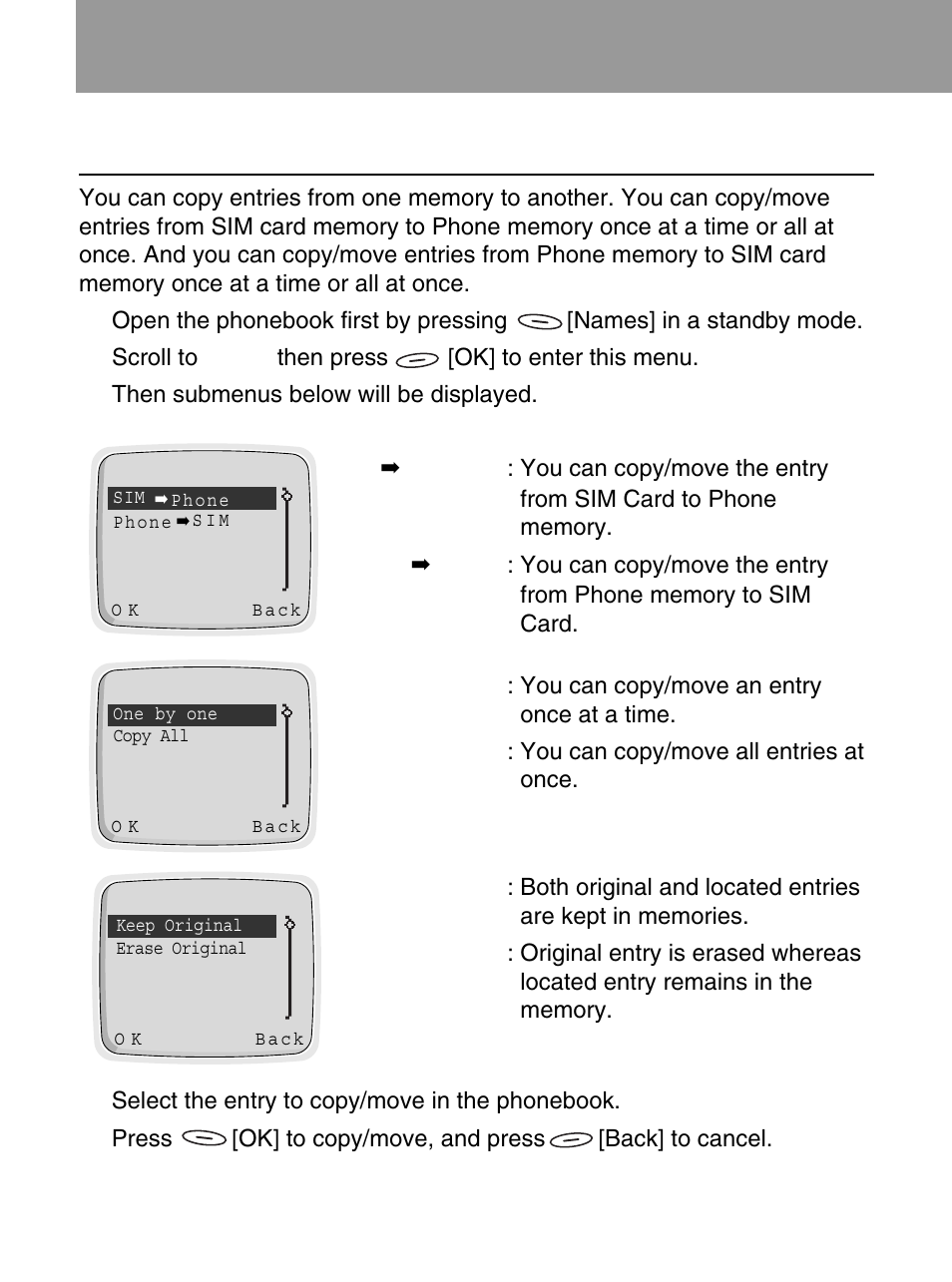 Phonebook, Copy [names 9 | LG 600 User Manual | Page 36 / 86