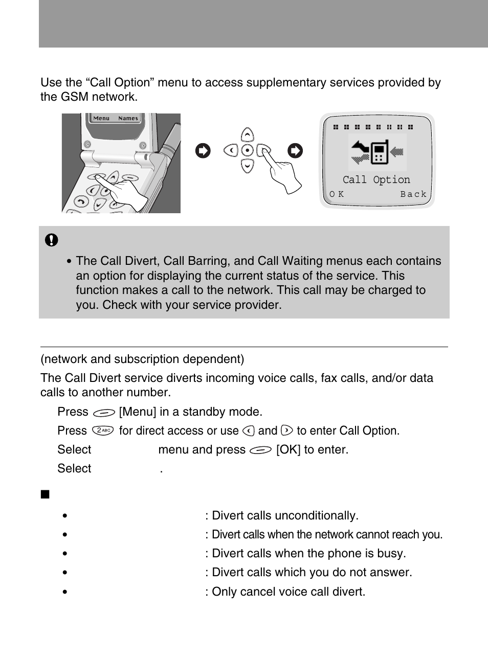 Call option [menu 2, Call divert [menu 2-1 | LG 600 User Manual | Page 50 / 86
