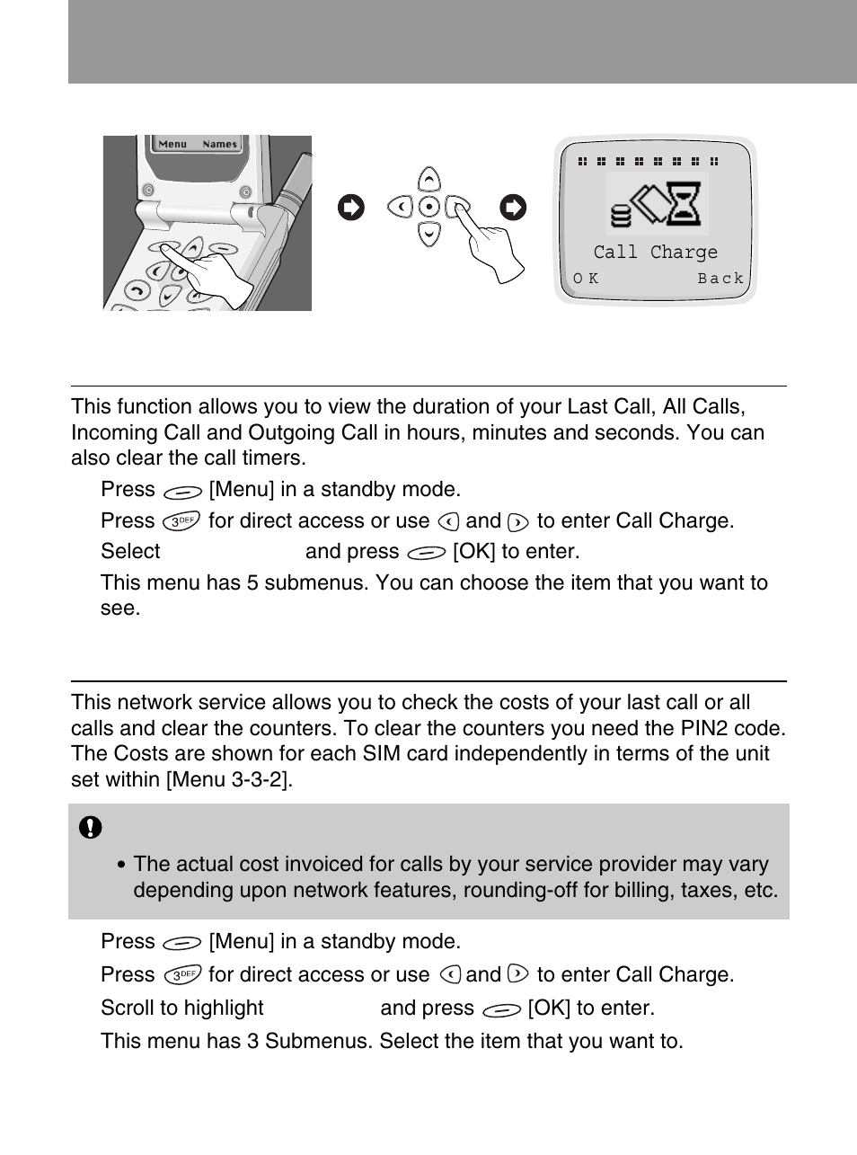 Call charge [menu 3, Call duration [menu 3-1, Call costs [menu 3-2 | LG 600 User Manual | Page 54 / 86