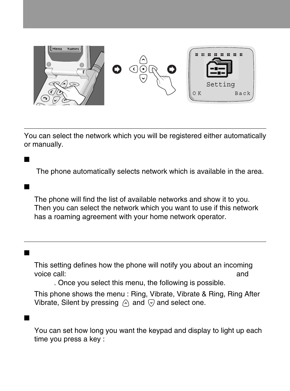 Safety information, Setting [menu 5, Network selection [menu 5-1 | Phone setting [menu 5-2 | LG 600 User Manual | Page 58 / 86