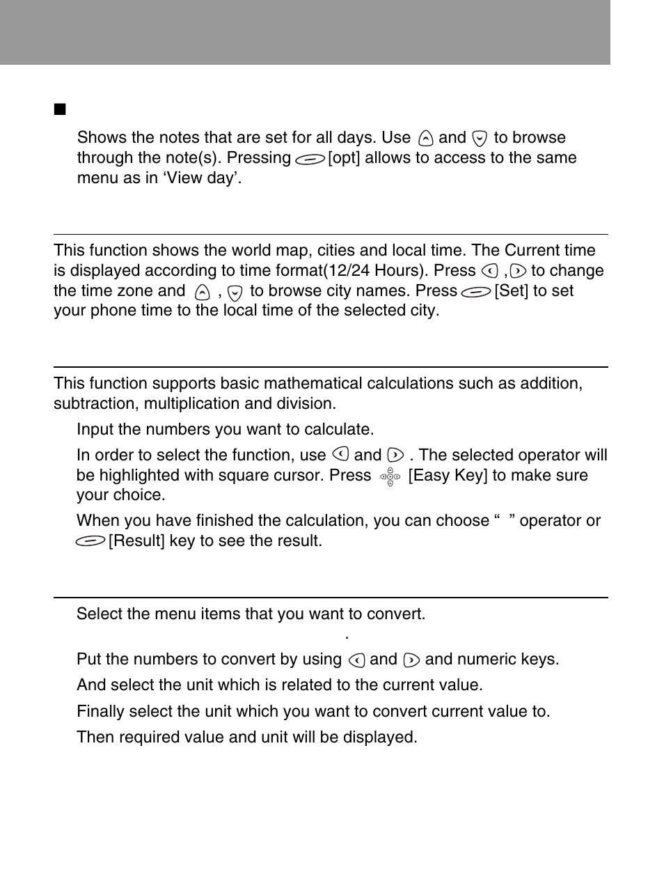 World time [menu 6-2, Calculator [menu 6-3, Unit convert [menu 6-4 | LG 600 User Manual | Page 67 / 86