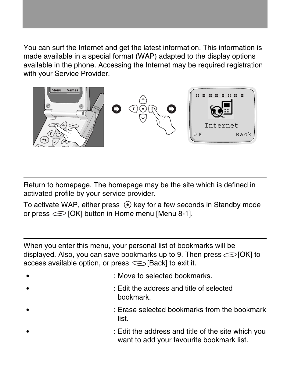 Internet [menu 8, Home [menu 8-1, Bookmarks [menu 8-2 | LG 600 User Manual | Page 71 / 86