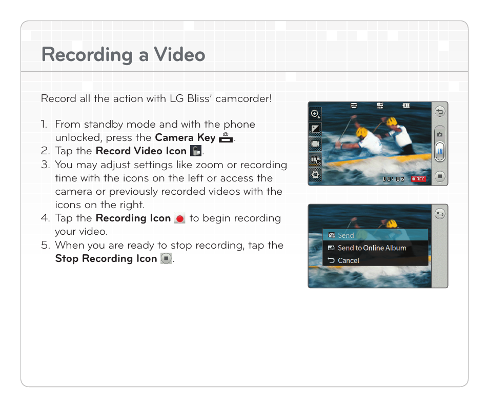 Recording a video | LG Bliss User Manual | Page 11 / 12