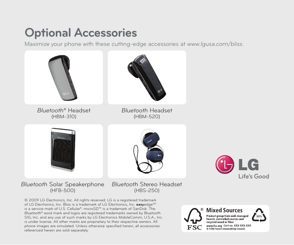Optional accessories | LG Bliss User Manual | Page 12 / 12