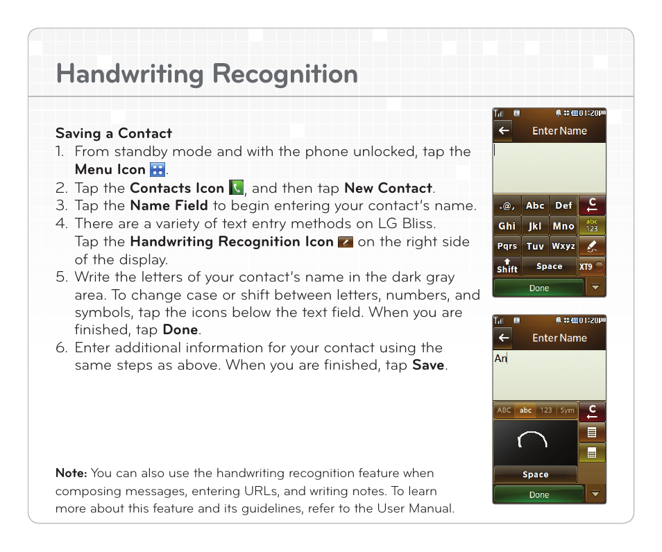 Handwriting recognition | LG Bliss User Manual | Page 7 / 12