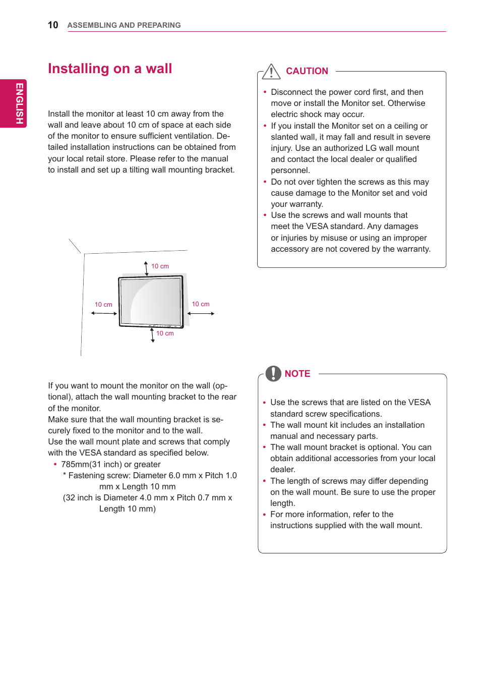 Installing on a wall, 10 installing on a wall | LG 47VL10 User Manual | Page 10 / 48