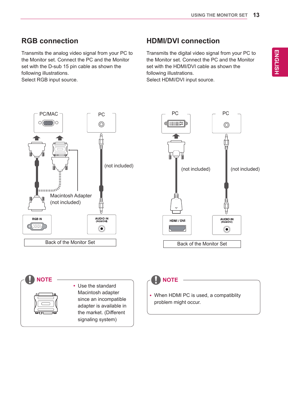 Rgb connection, Hdmi/dvi connection | LG 47VL10 User Manual | Page 13 / 48