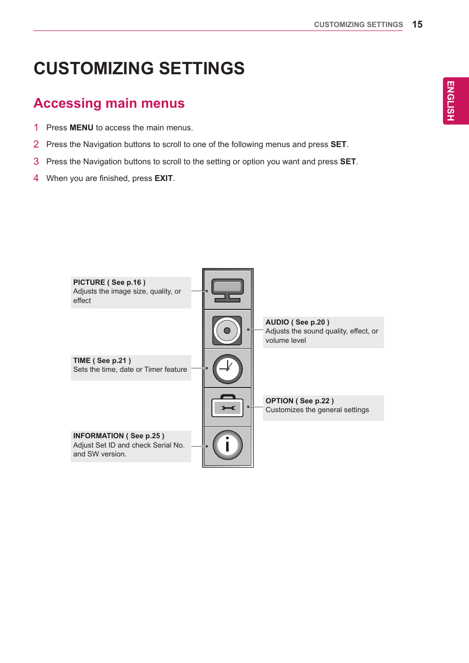 Customizing settings, Accessing main menus, 15 accessing main menus | LG 47VL10 User Manual | Page 15 / 48