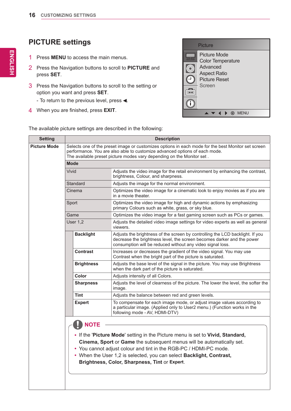 Picture settings, Picture ( see p.16 ) | LG 47VL10 User Manual | Page 16 / 48