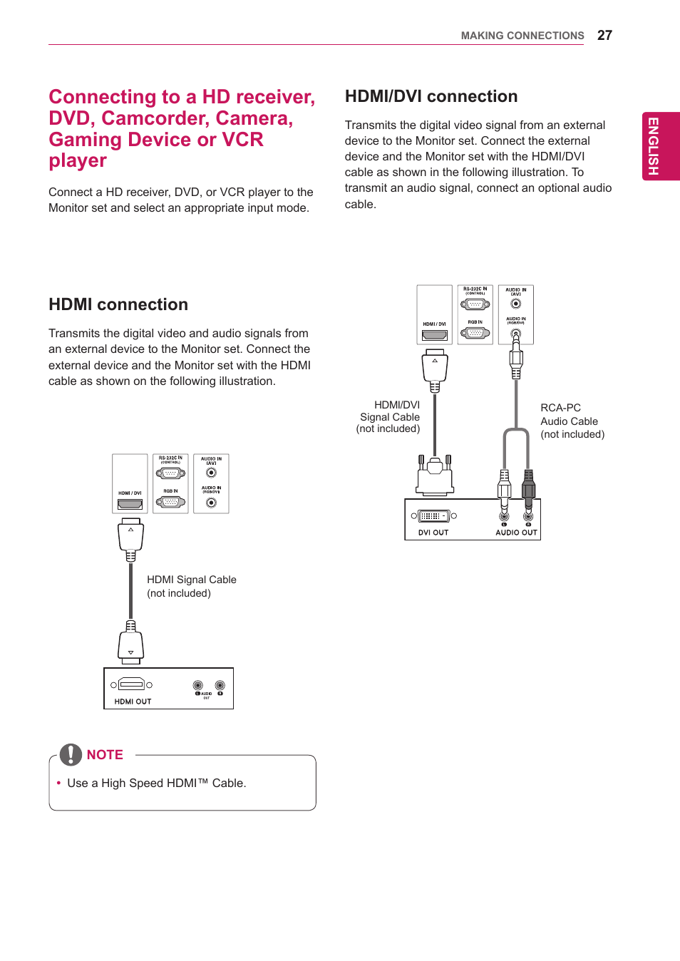 Hdmi connection, Hdmi/dvi connection, 27 connecting to a hd receiver, dvd | Camcorder, camera, gaming device or vcr player, Hdmi-see p.27, Dvi-see p.27 | LG 47VL10 User Manual | Page 27 / 48