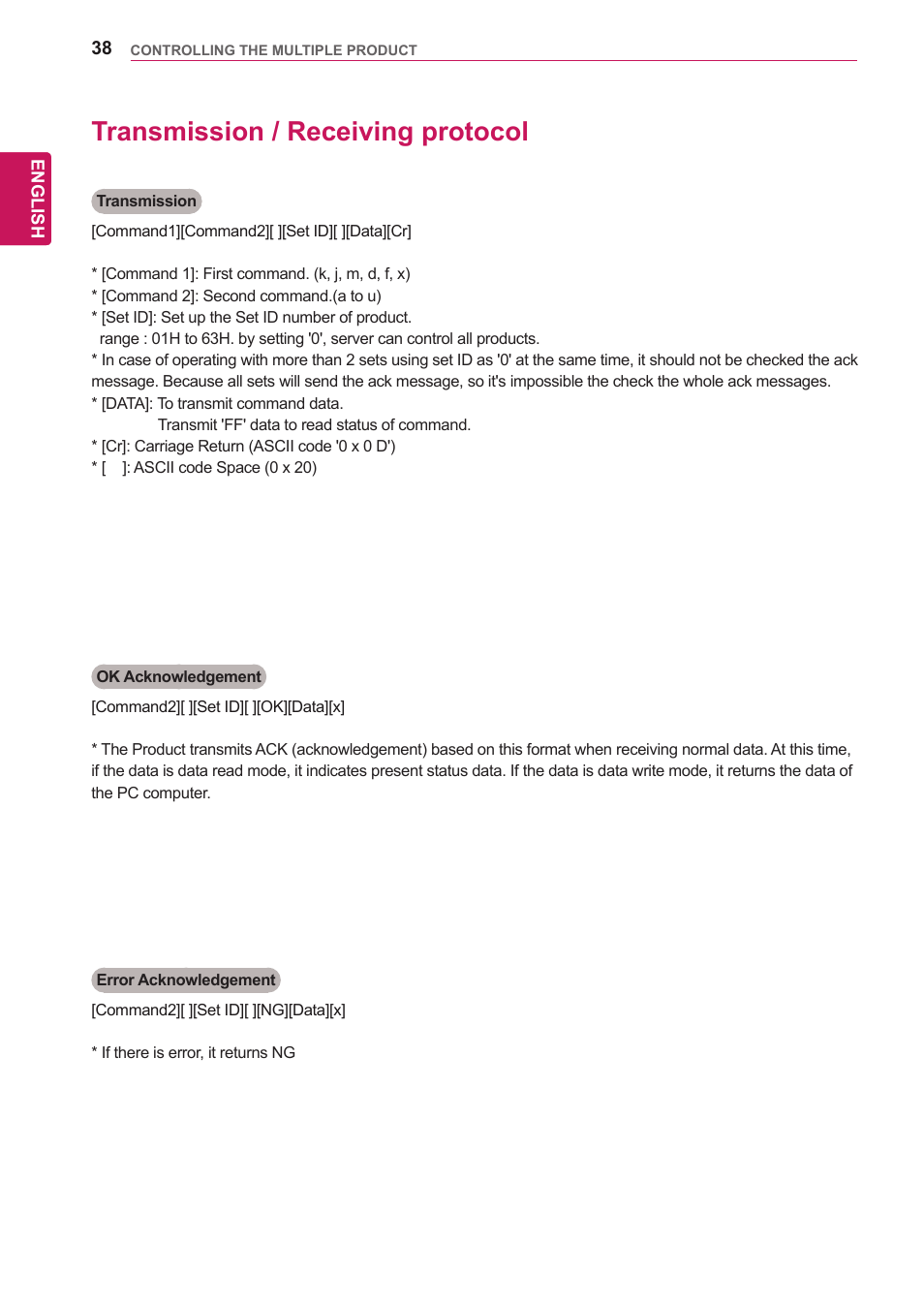 Transmission / receiving protocol, 38 transmission / receiving protocol | LG 47VL10 User Manual | Page 38 / 48