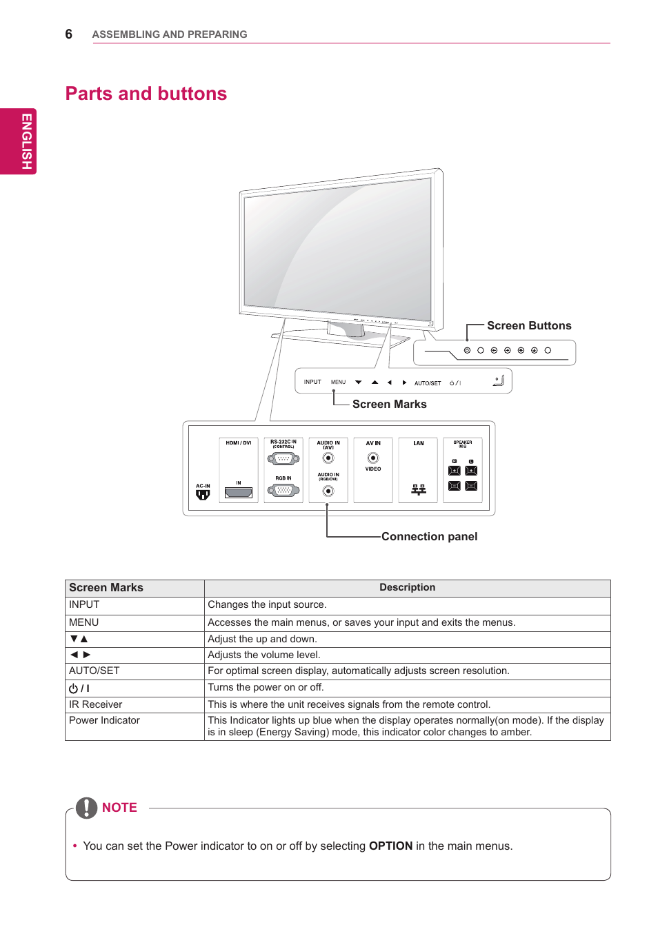 Parts and buttons | LG 47VL10 User Manual | Page 6 / 48