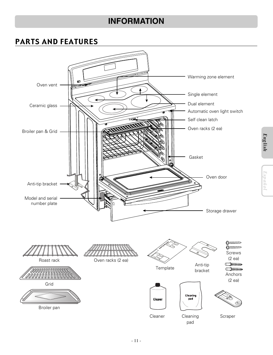 Information, Parts and features | LG LRE30451ST User Manual | Page 11 / 34