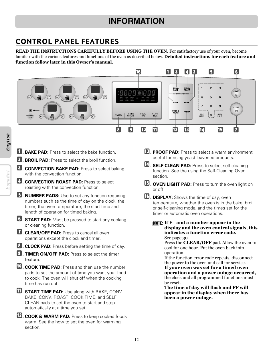 Information, Control panel features | LG LRE30451ST User Manual | Page 12 / 34