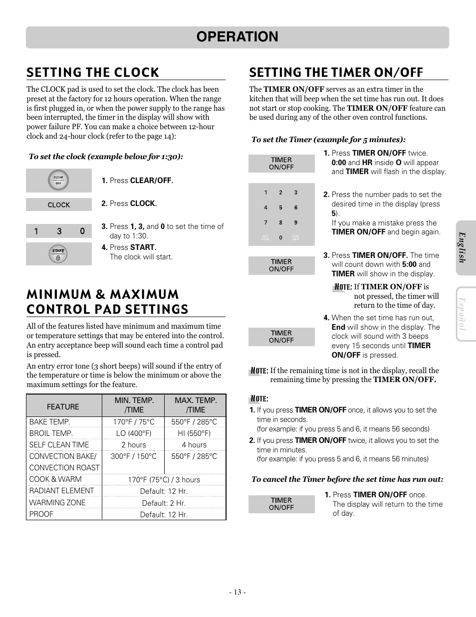 Operation, Setting the clock, Minimum & maximum control pad settings | Setting the timer on/off | LG LRE30451ST User Manual | Page 13 / 34