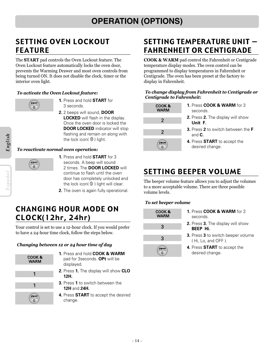 Operation (options), Setting beeper volume | LG LRE30451ST User Manual | Page 14 / 34