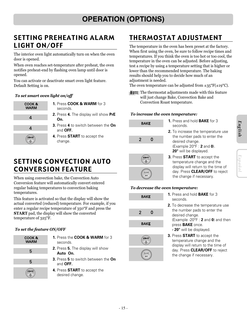 Operation (options), Setting preheating alarm light o n/o ff, Thermostat adjustment | Setting convection auto conversion feature | LG LRE30451ST User Manual | Page 15 / 34