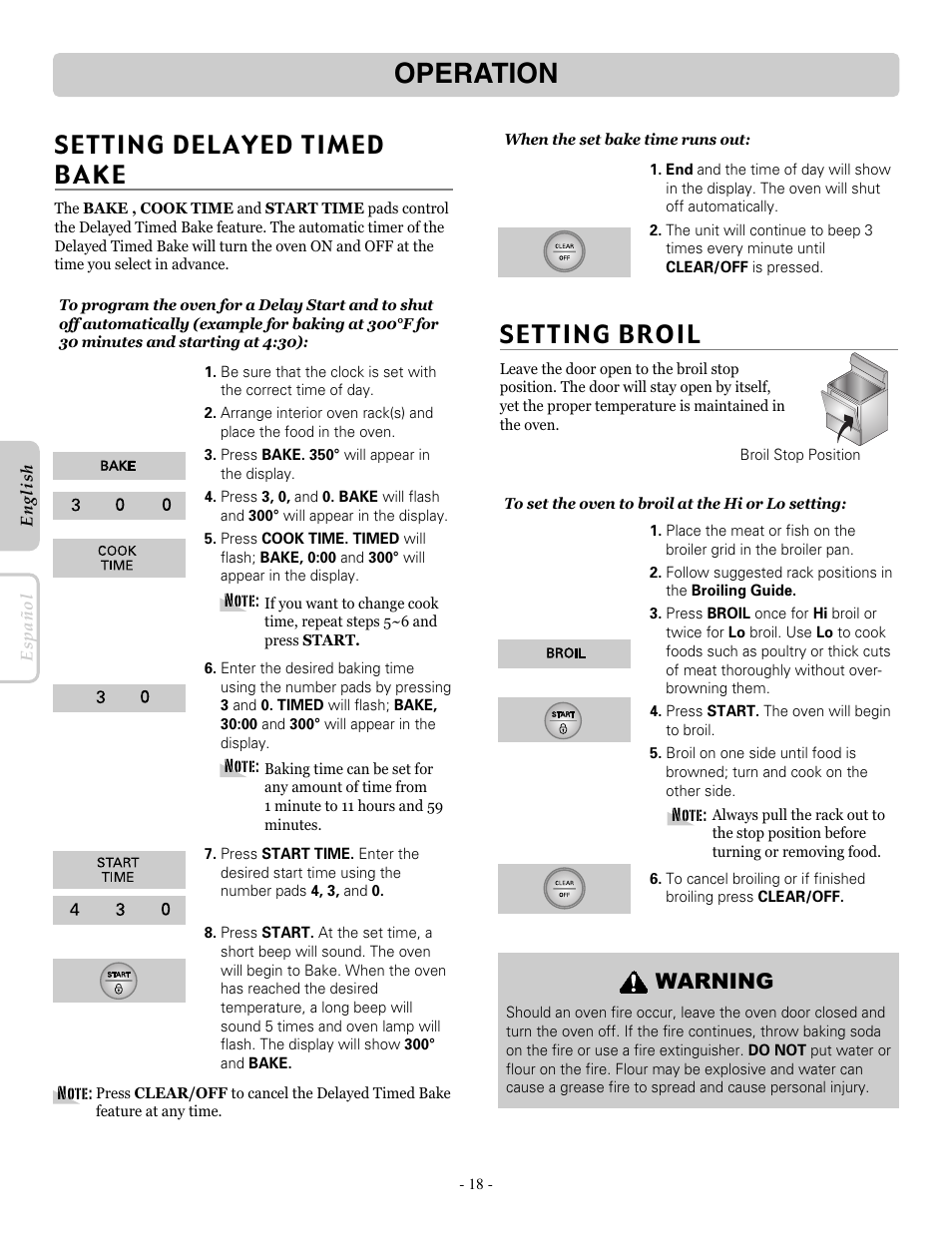 Operation, Setting broil, Warning | LG LRE30451ST User Manual | Page 18 / 34