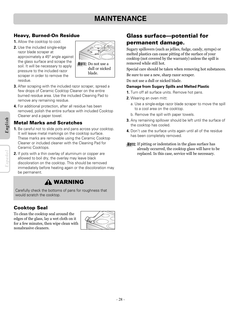 Maintenance, Glass surface—potential for permanent damage, Warning | LG LRE30451ST User Manual | Page 28 / 34