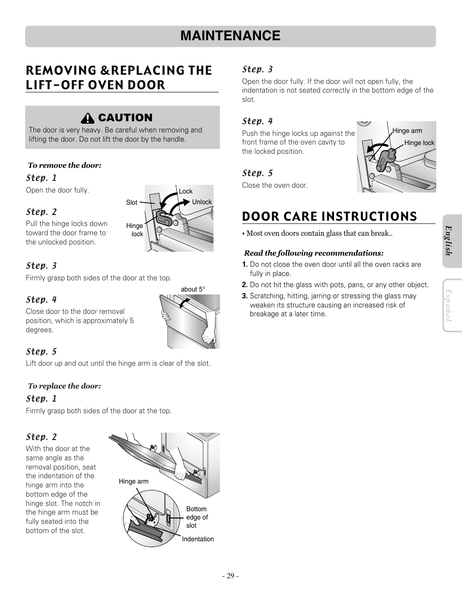 Maintenance, Removing &replacing the lift-off oven door, Door care instructions | Caution | LG LRE30451ST User Manual | Page 29 / 34