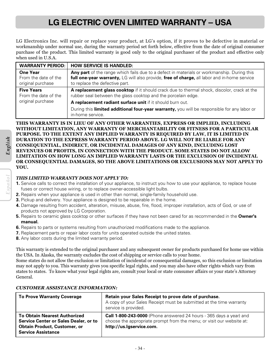 Lg electric oven limited warranty – usa | LG LRE30451ST User Manual | Page 34 / 34