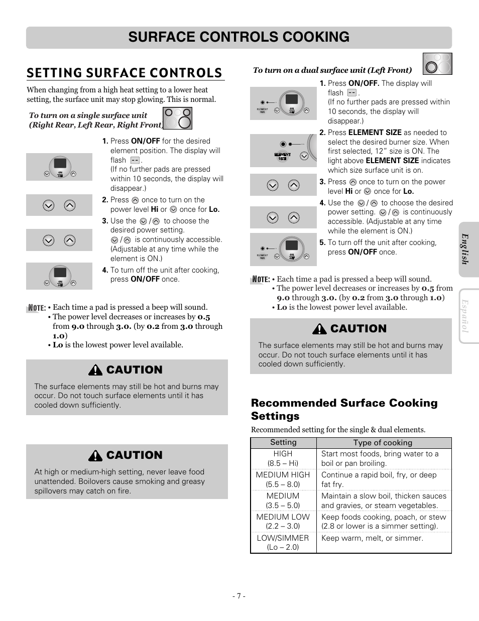 Surface controls cooking, Setting surface controls, Recommended surface cooking settings | Caution | LG LRE30451ST User Manual | Page 7 / 34