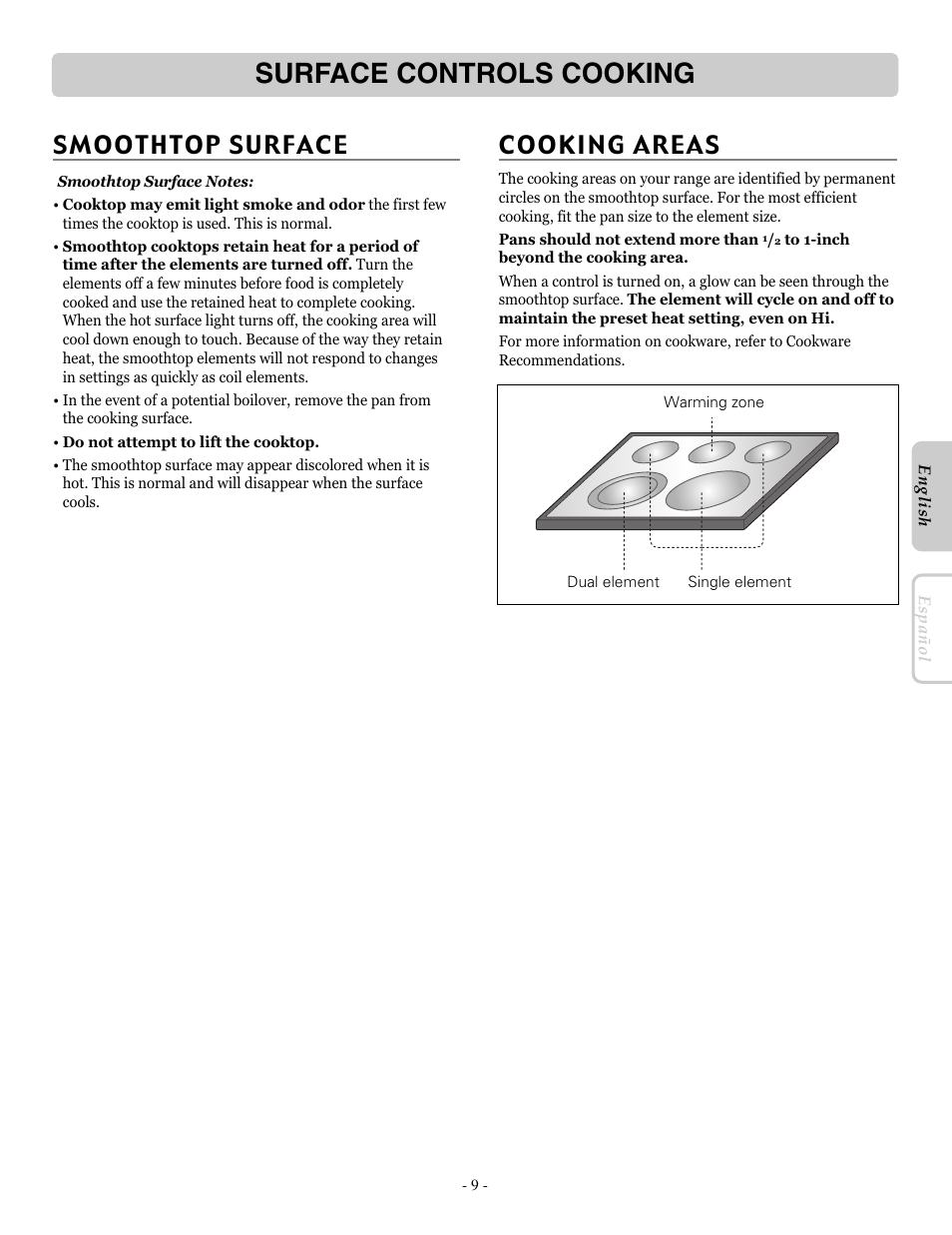 Surface controls cooking, Cooking areas, Smoothtop surface | LG LRE30451ST User Manual | Page 9 / 34