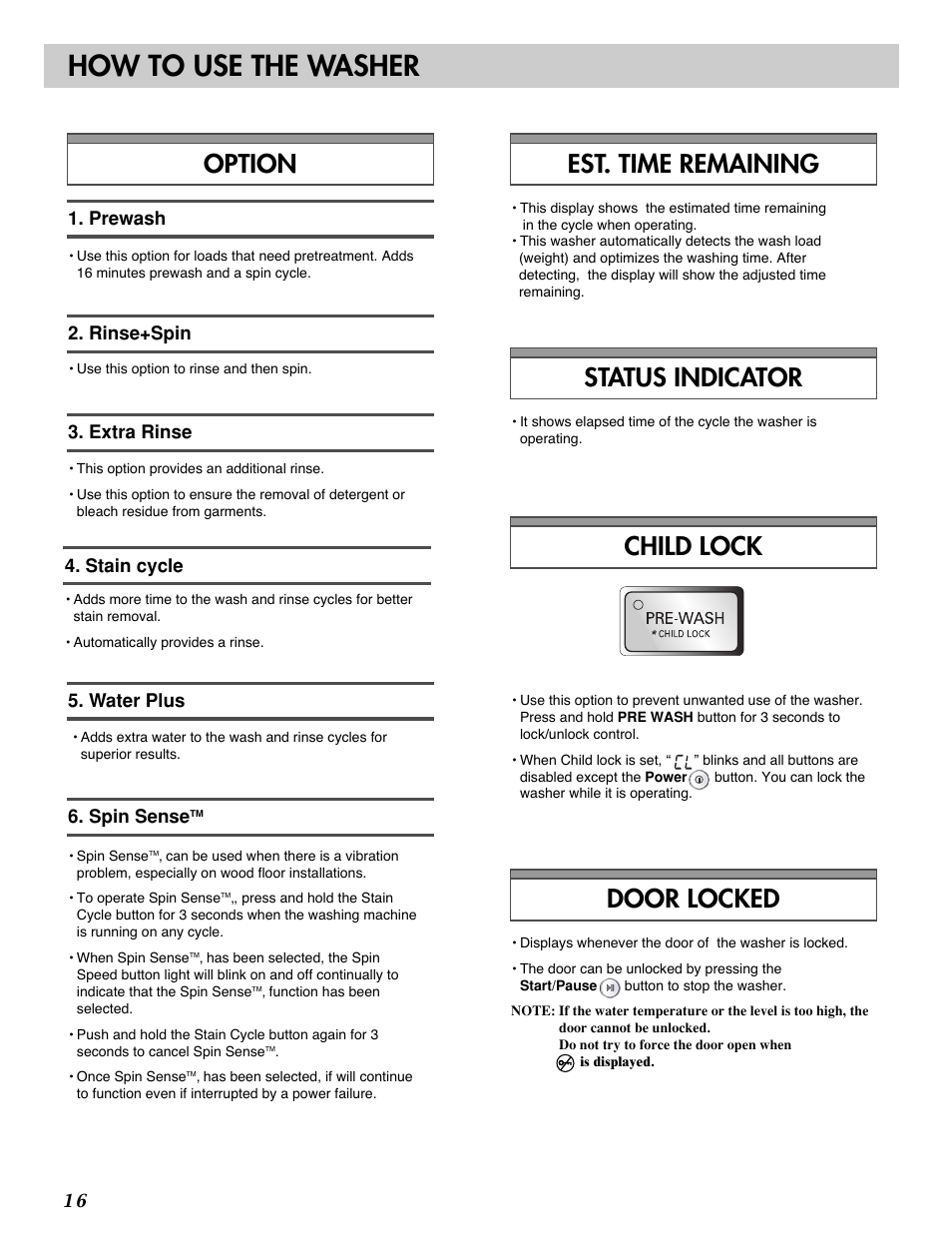 How to use the washer, Option child lock door locked, Status indicator | Est. time remaining | LG 3828ER3054V User Manual | Page 17 / 48
