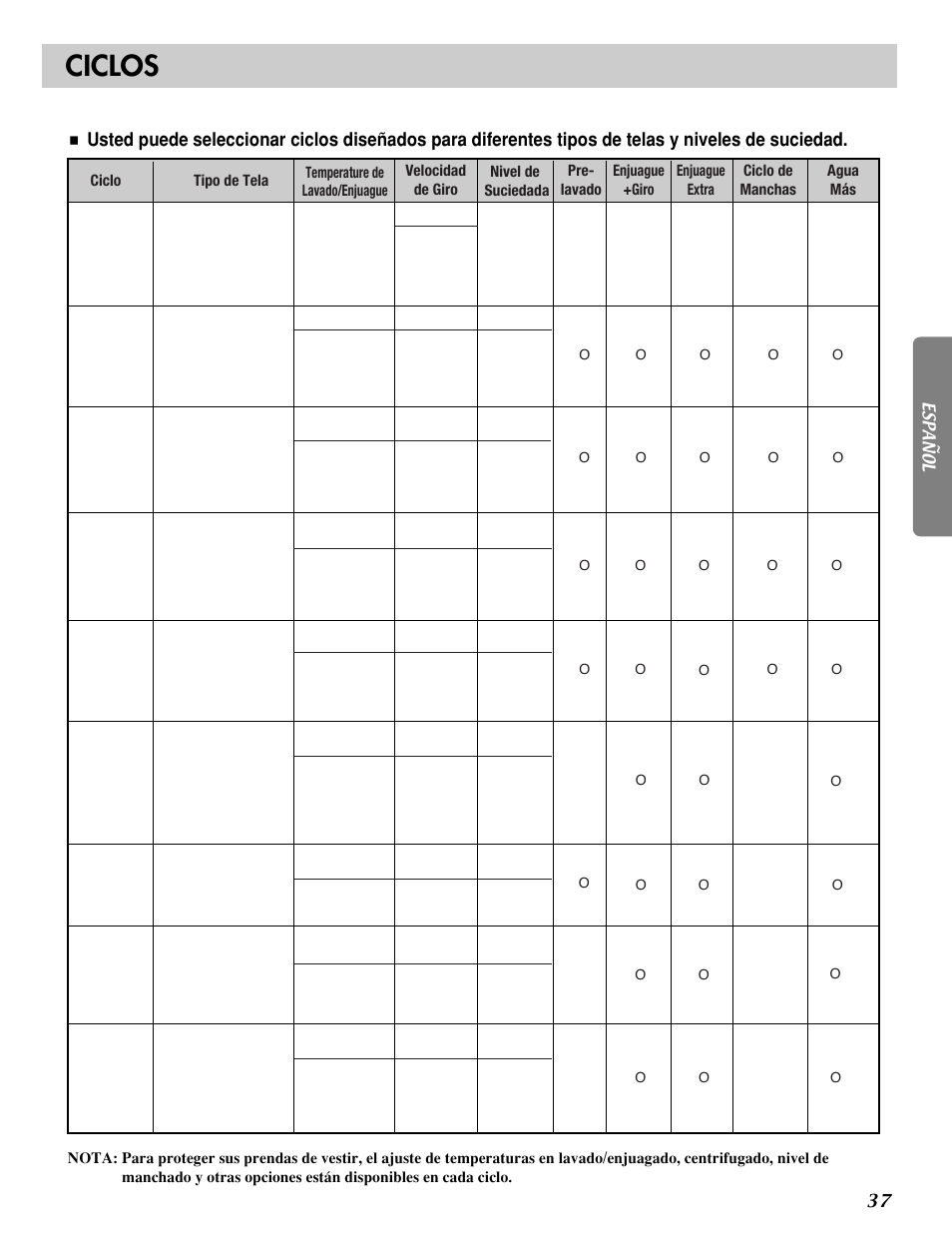 Ciclos | LG 3828ER3054V User Manual | Page 38 / 48