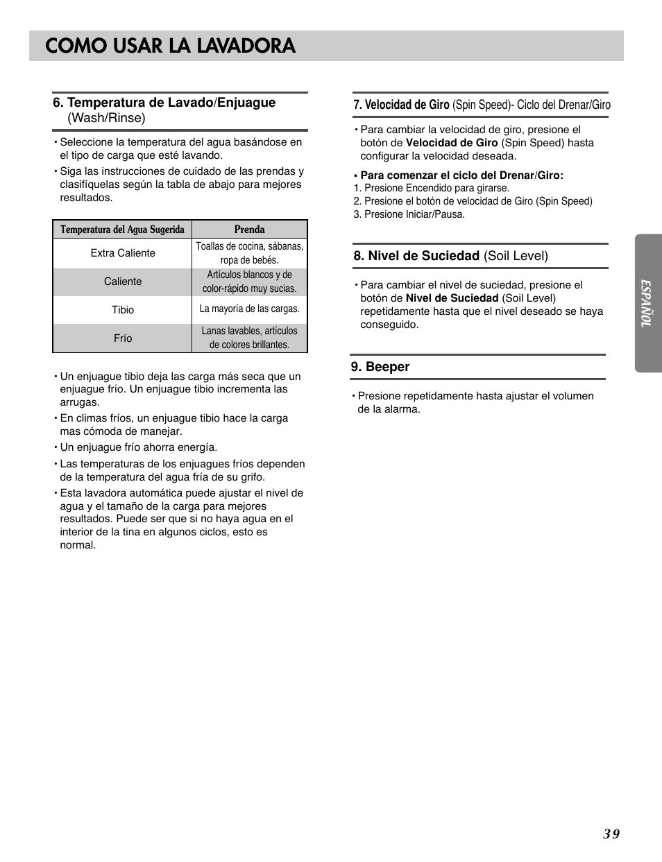 Como usar la lavadora | LG 3828ER3054V User Manual | Page 40 / 48