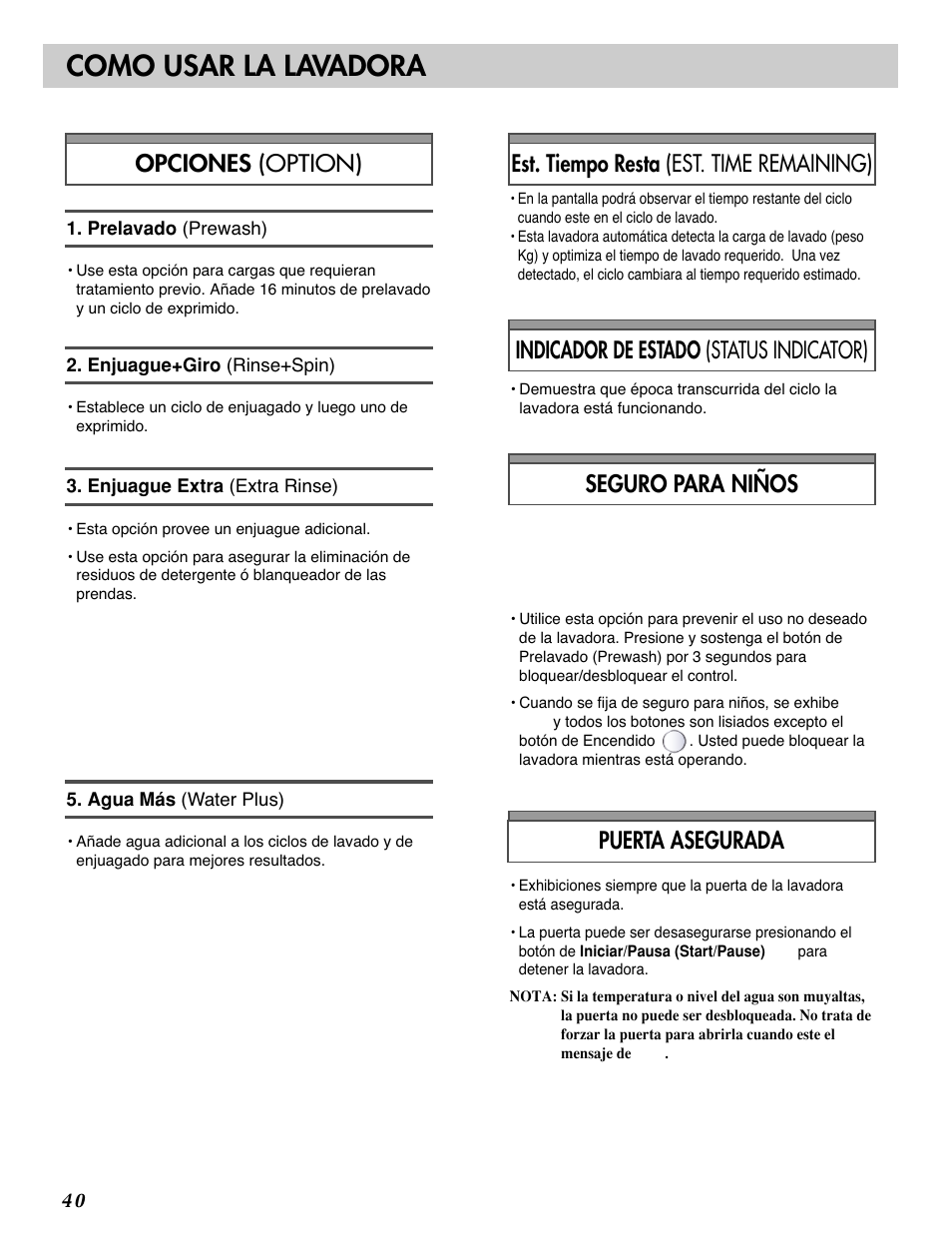 Como usar la lavadora, Indicador de estado (status indicator), Est. tiempo resta (est. time remaining) | LG 3828ER3054V User Manual | Page 41 / 48