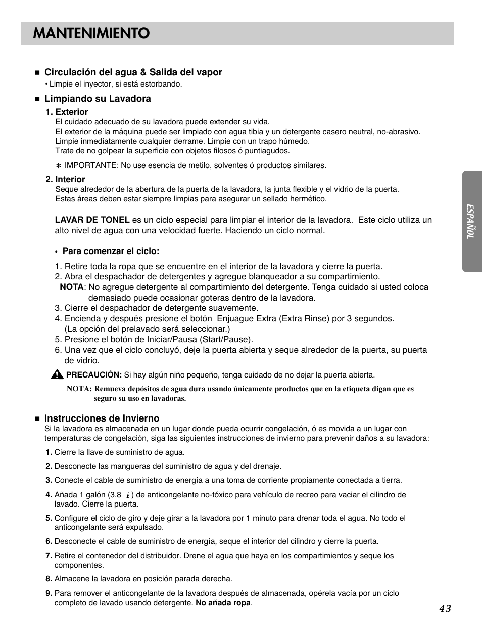 Mantenimiento | LG 3828ER3054V User Manual | Page 44 / 48