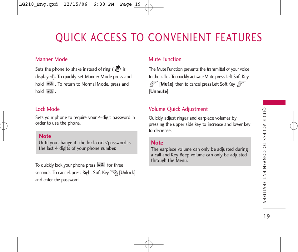 Quick access to convenient features | LG 210 User Manual | Page 21 / 98